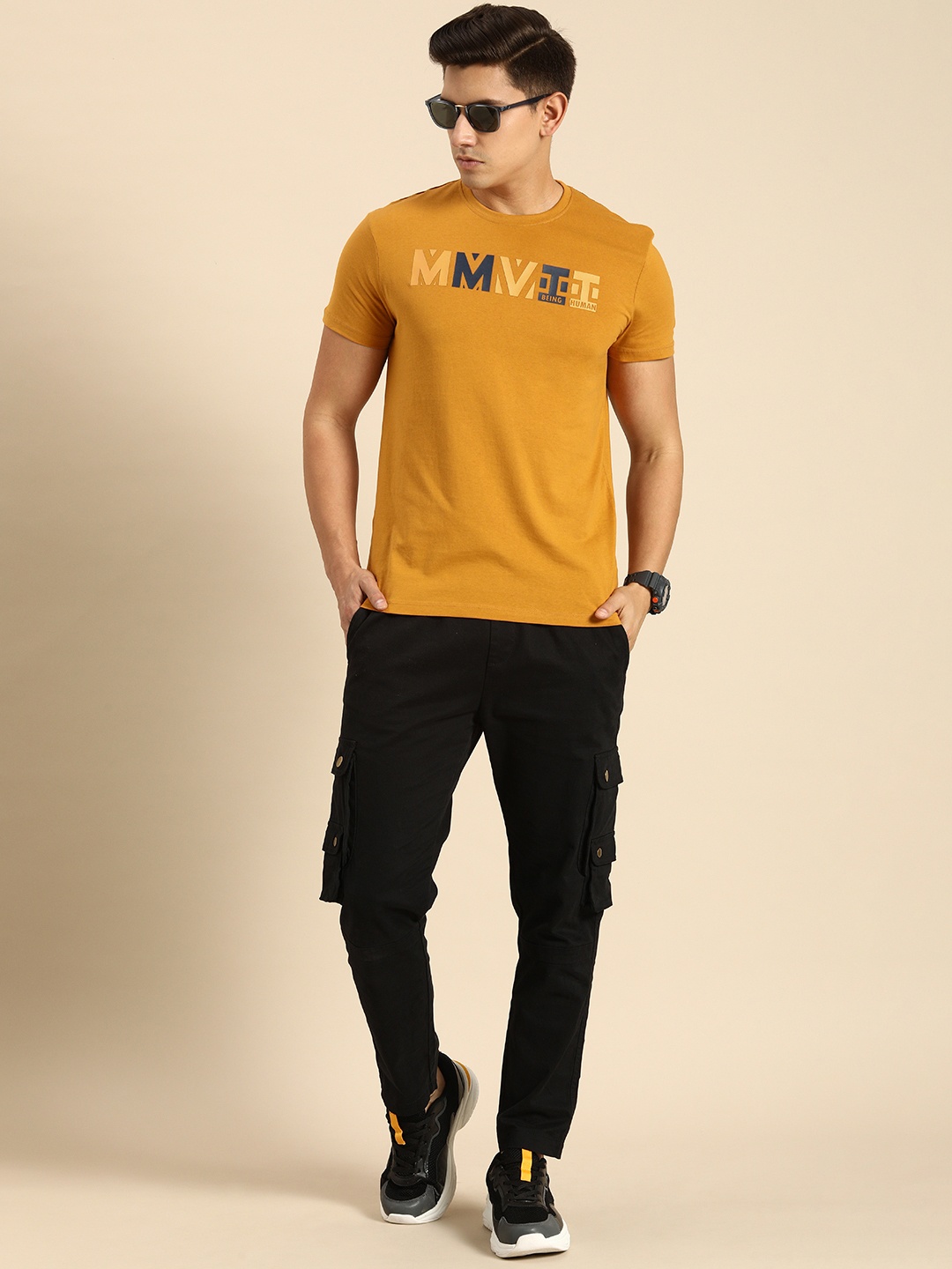 

Being Human Clothing Men Pure Cotton Typography Printed Applique T-shirt, Mustard