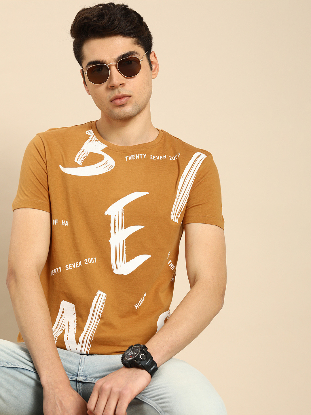 

Being Human Men Typography Printed Pure Cotton T-shirt, Camel brown