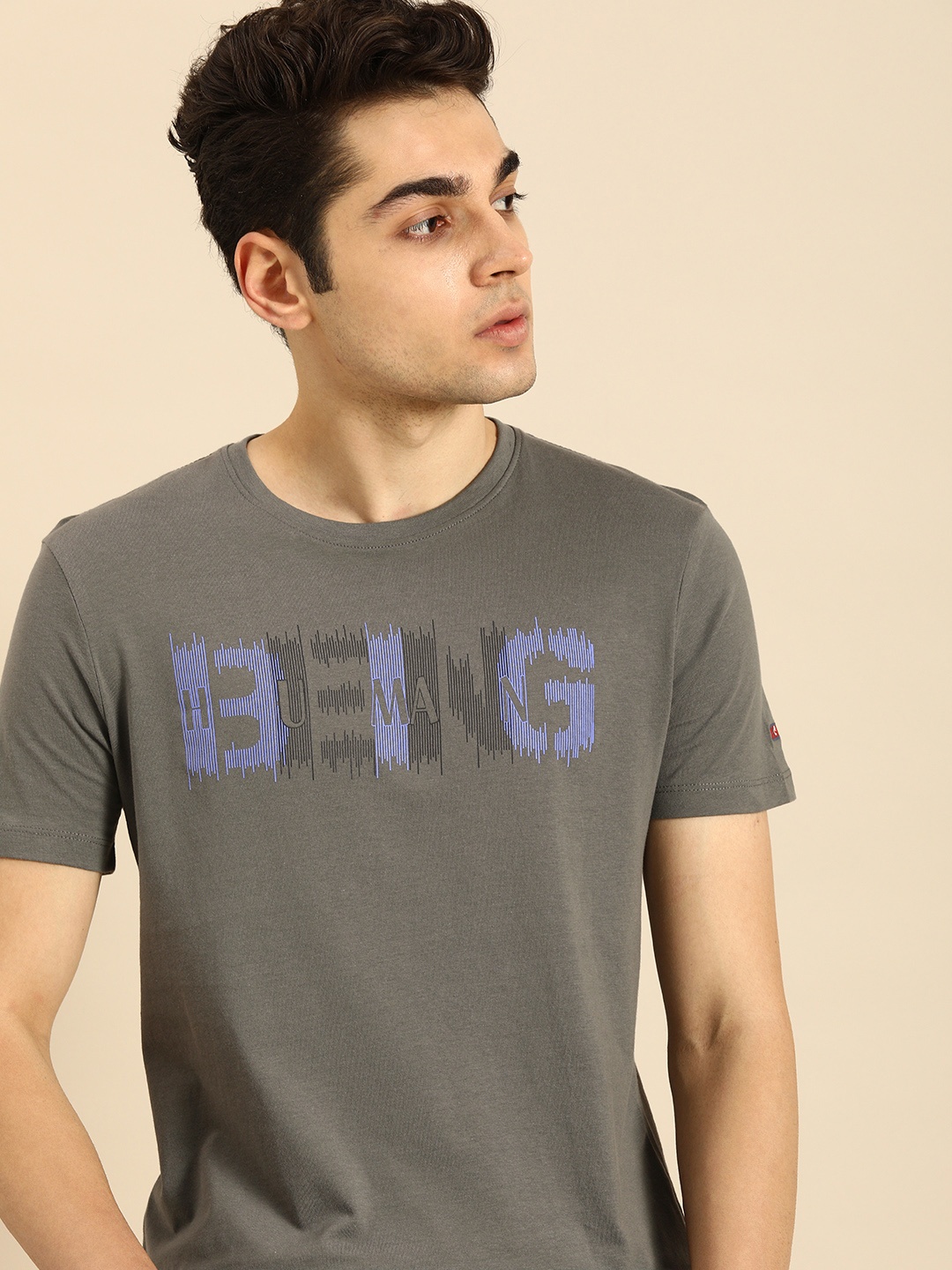 

Being Human Clothing Men Pure Cotton Brand Logo Printed T-shirt, Grey