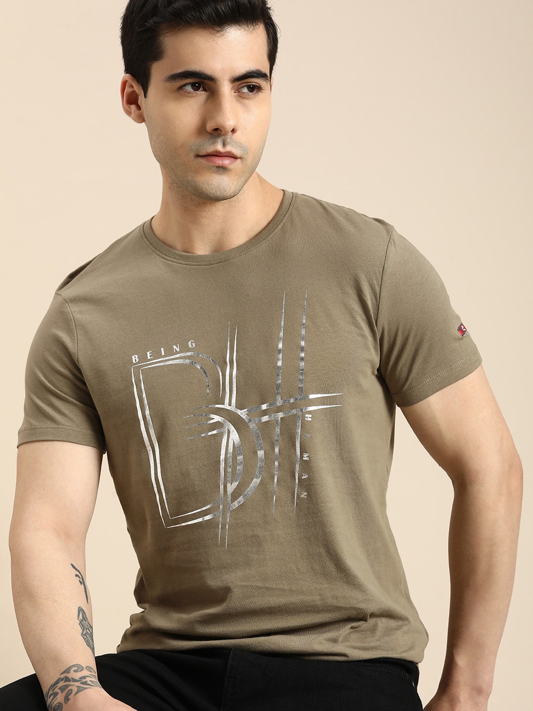 

Being Human Men Brand Logo Printed Pure Cotton T-shirt, Olive