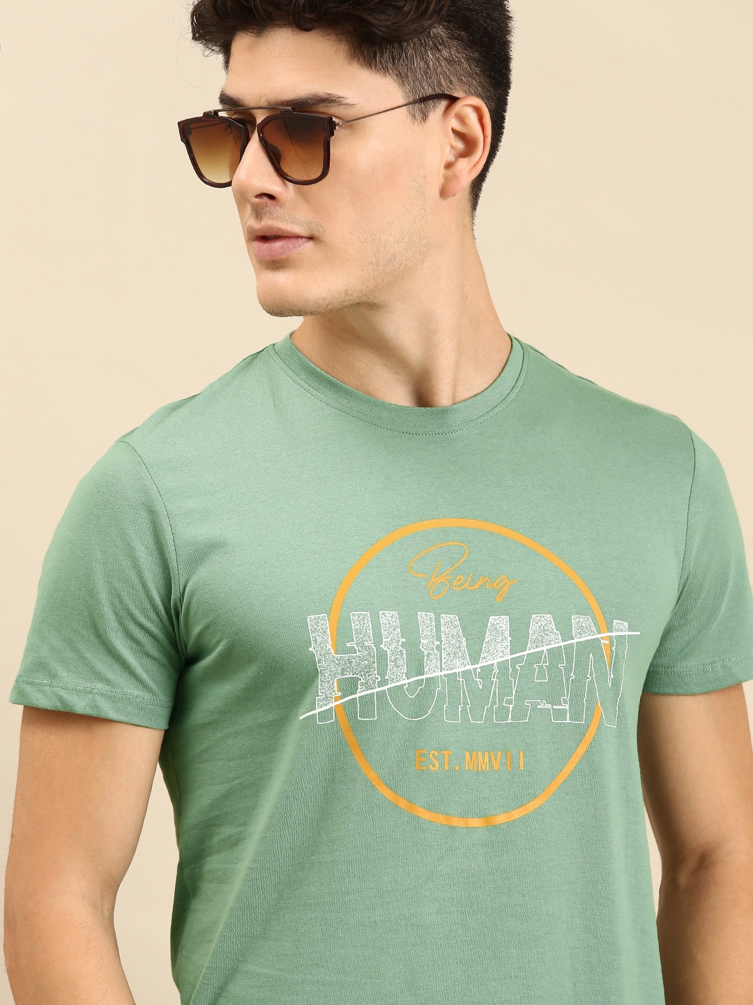 

Being Human Men Pure Cotton Brand Logo Printed T-shirt, Green