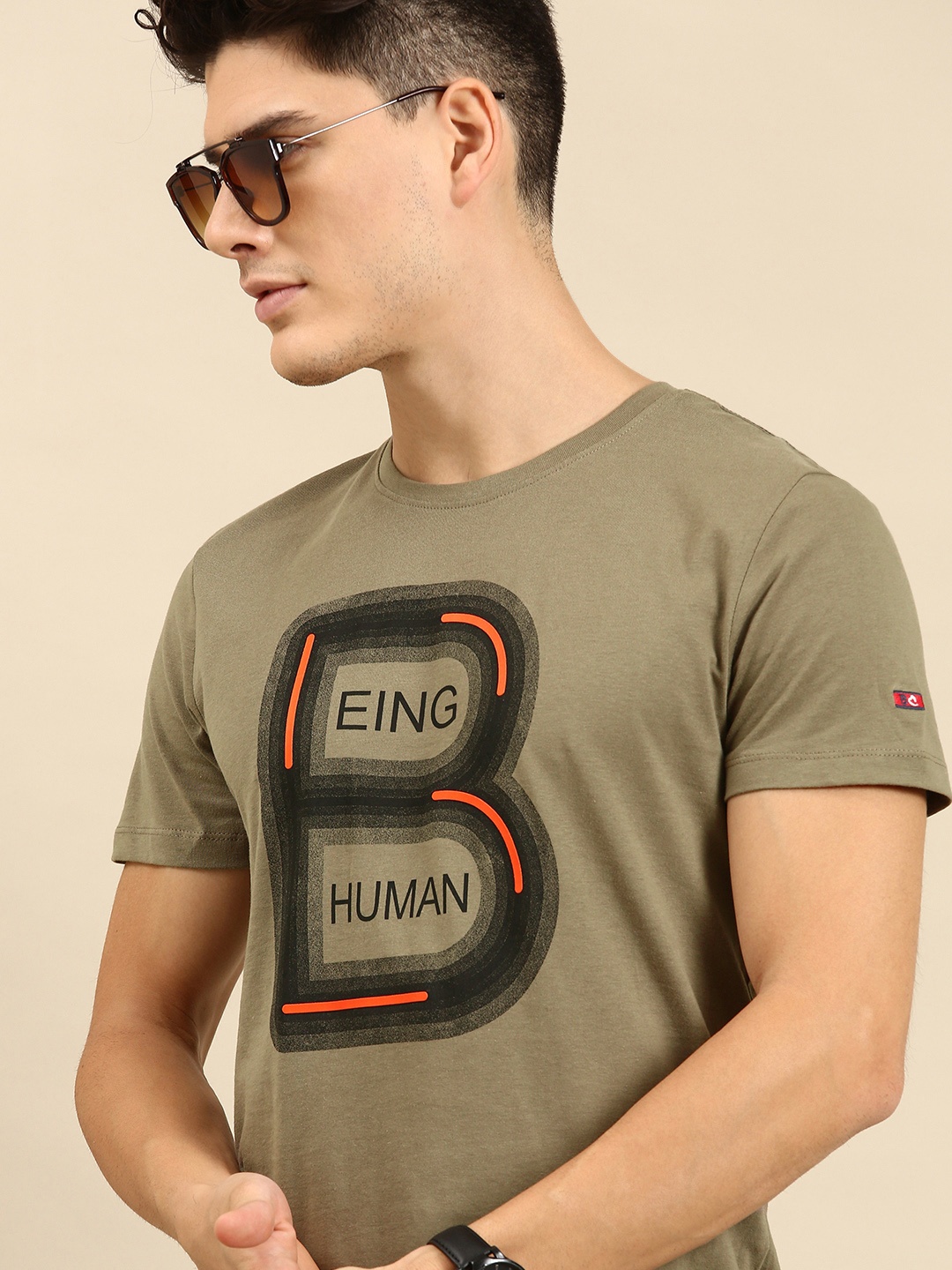 Being Human Men Brand Logo Printed Pure Cotton T-shirt, Beige