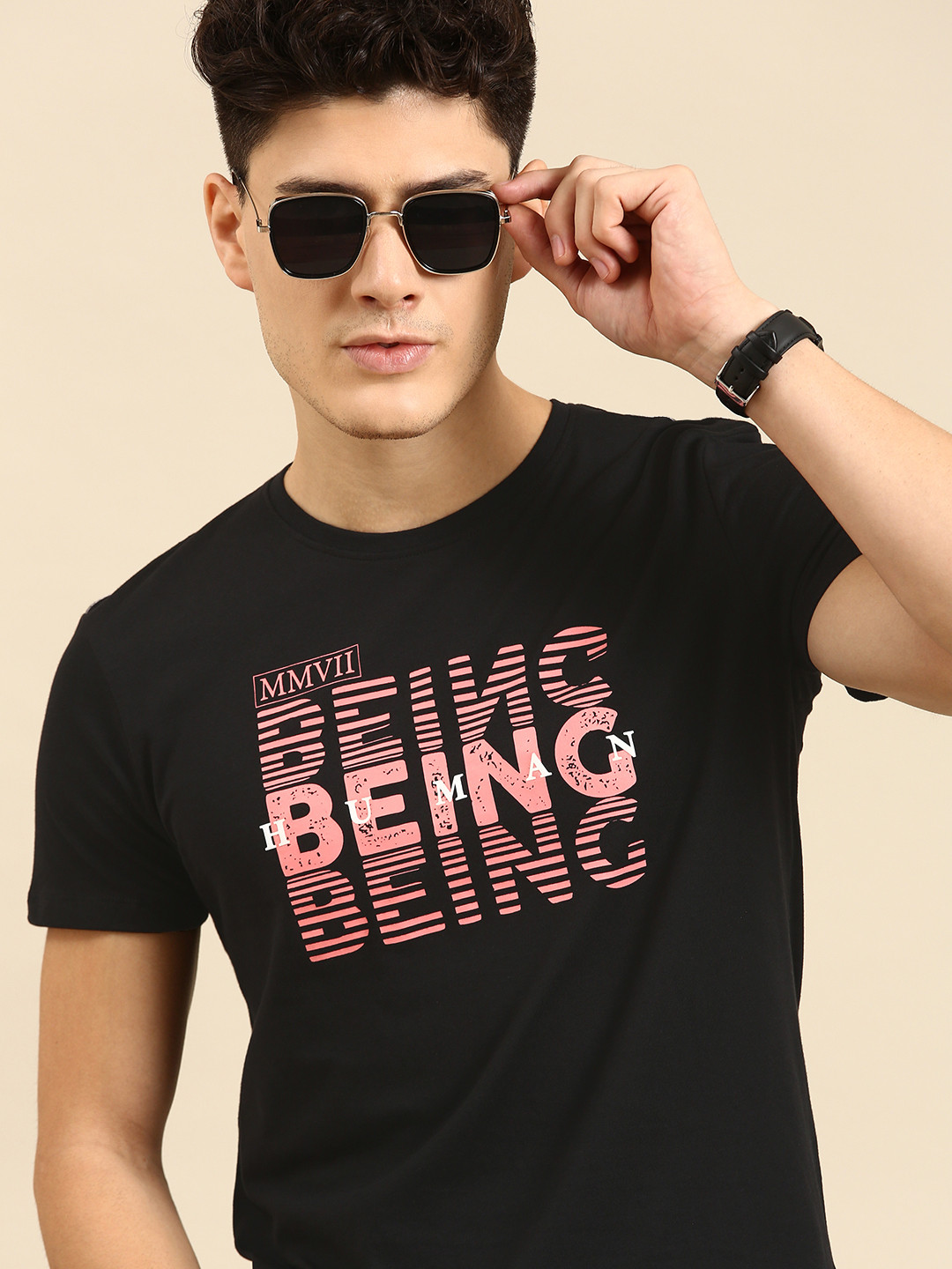

Being Human Men Brand Logo Printed Pure Cotton T-shirt, Black