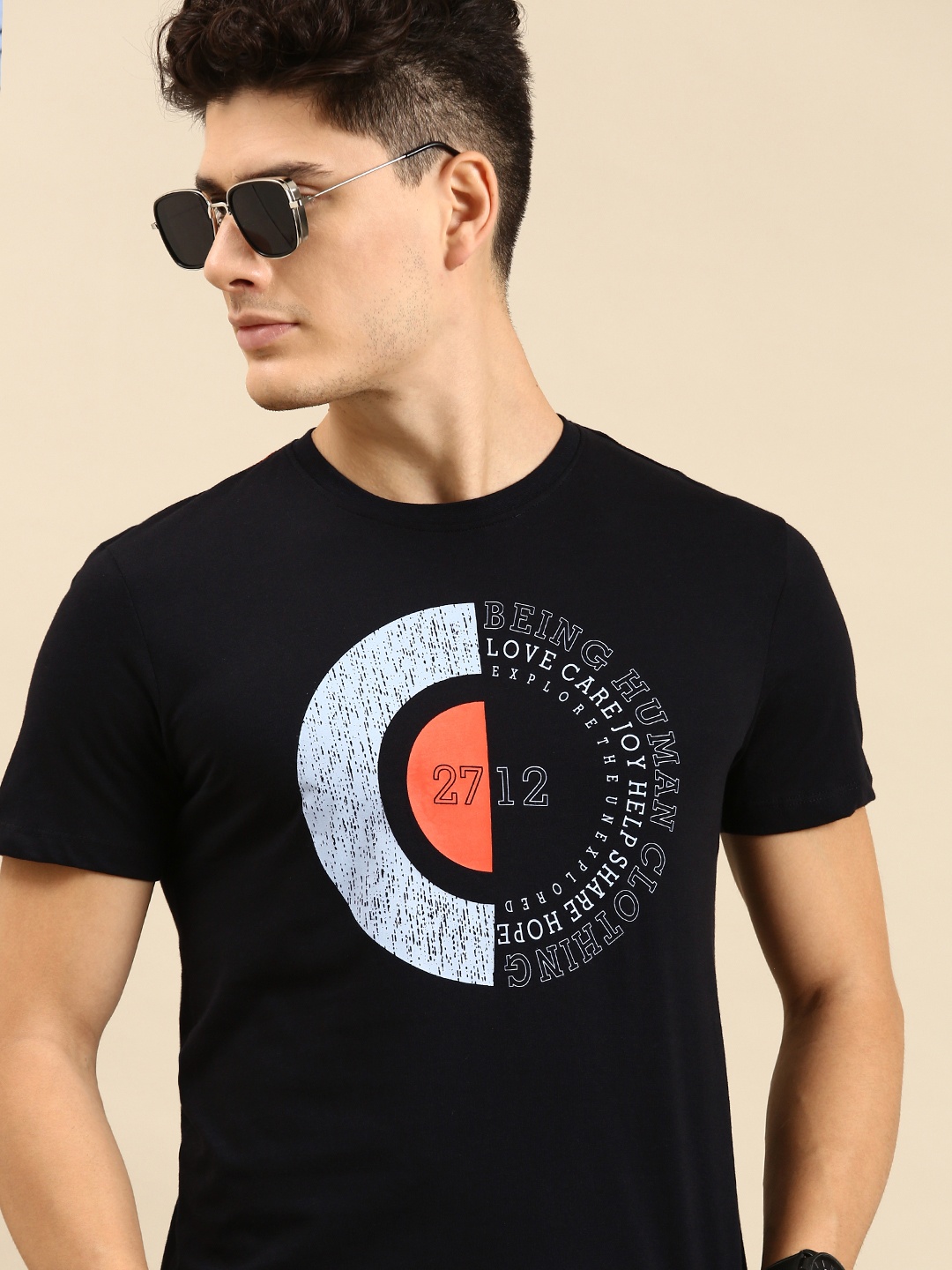 

Being Human Men Brand Logo Printed Pure Cotton T-shirt, Black