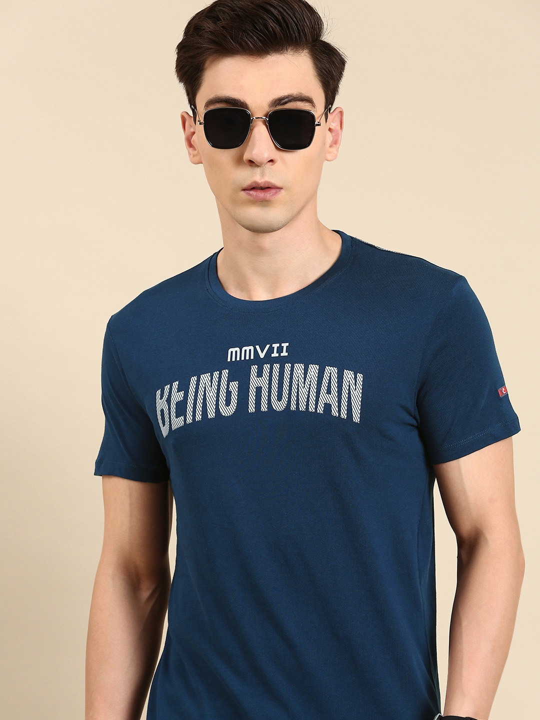 

Being Human Men Brand Logo Printed Pure Cotton T-shirt, Navy blue