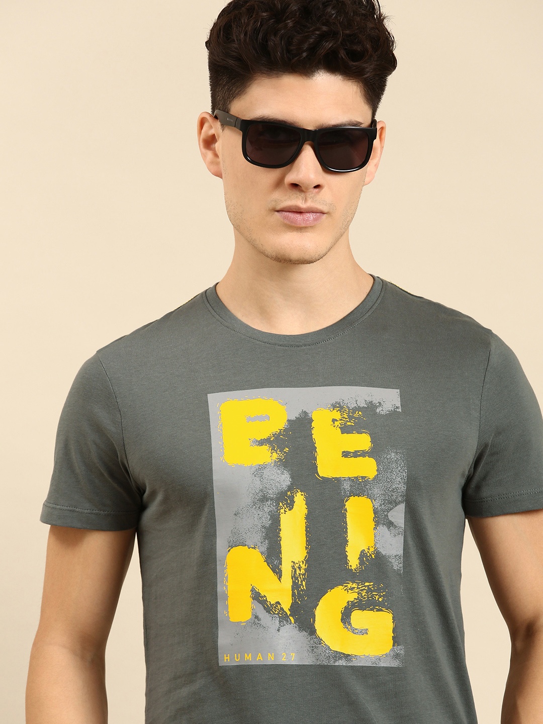 

Being Human Men Brand Logo Print Round Neck Pure Cotton Knitted T-shirt, Grey