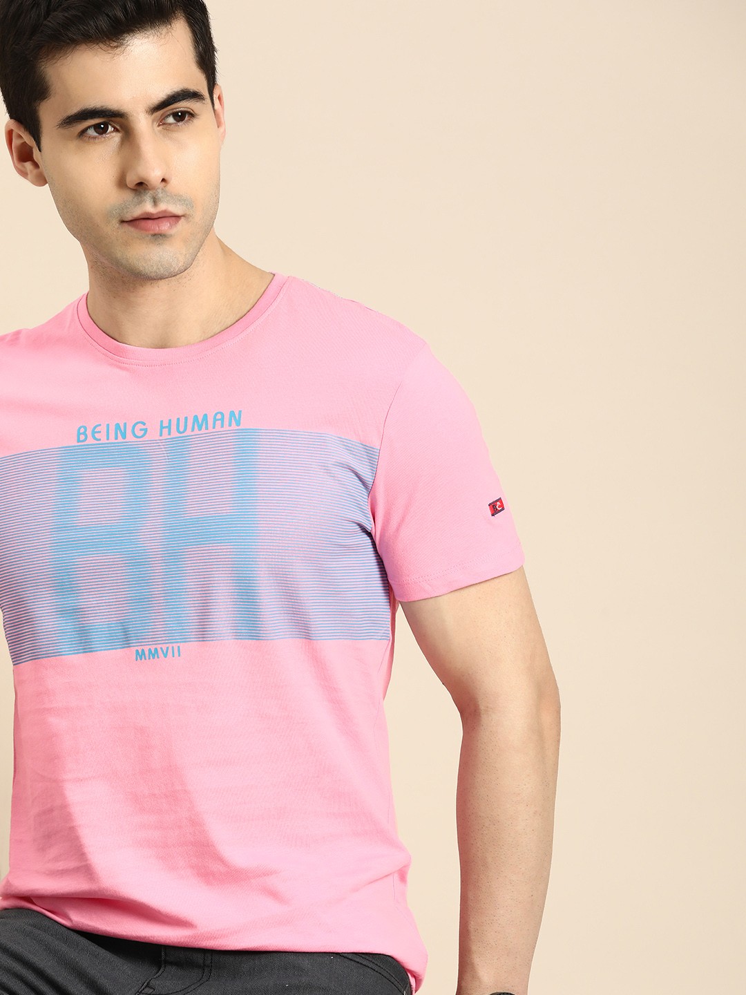 

Being Human Men Brand Logo Striped Pure Cotton T-shirt, Pink