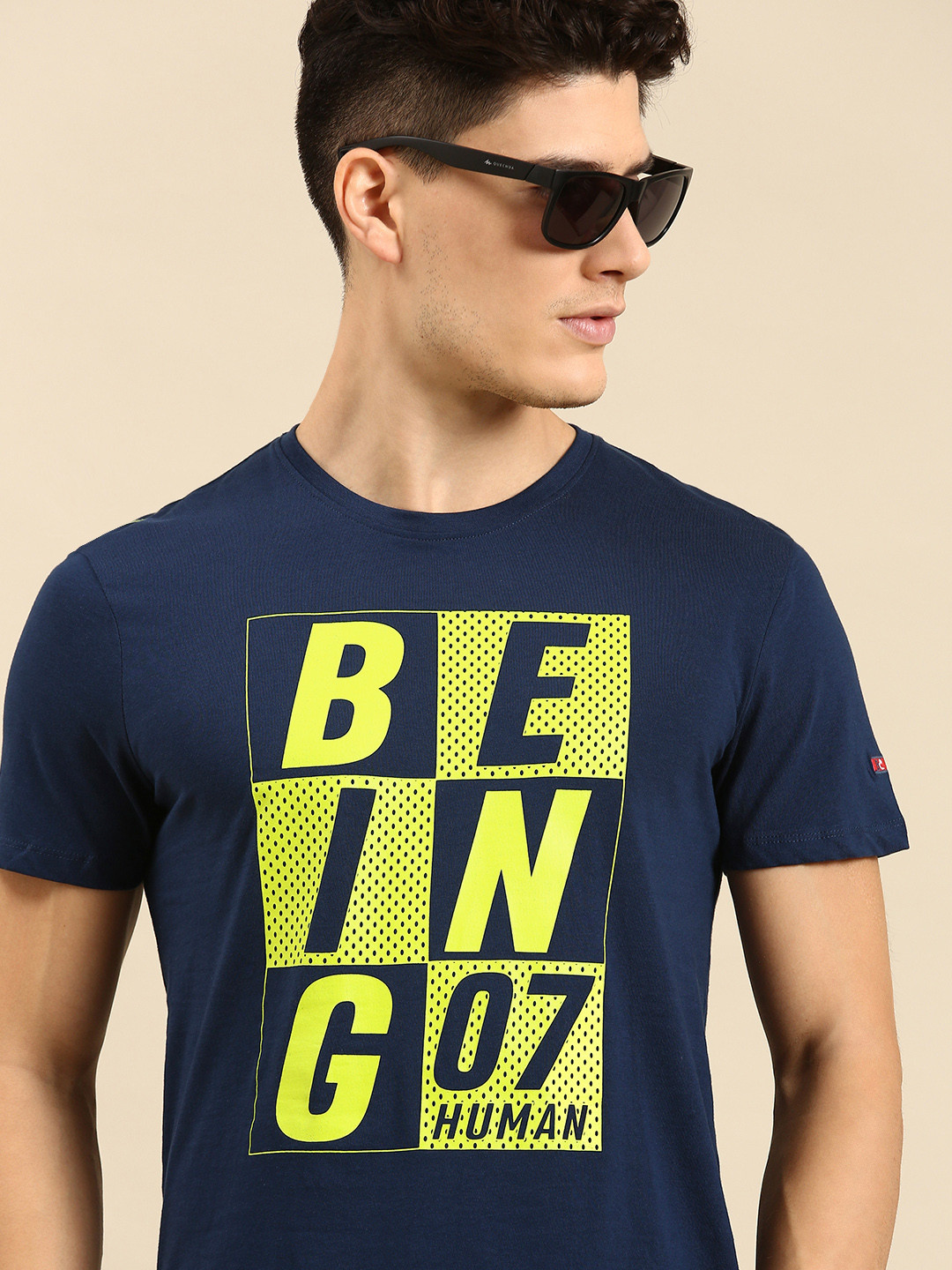 

Being Human Men Brand Logo Print Round Neck Pure Cotton Knitted T-shirt, Navy blue