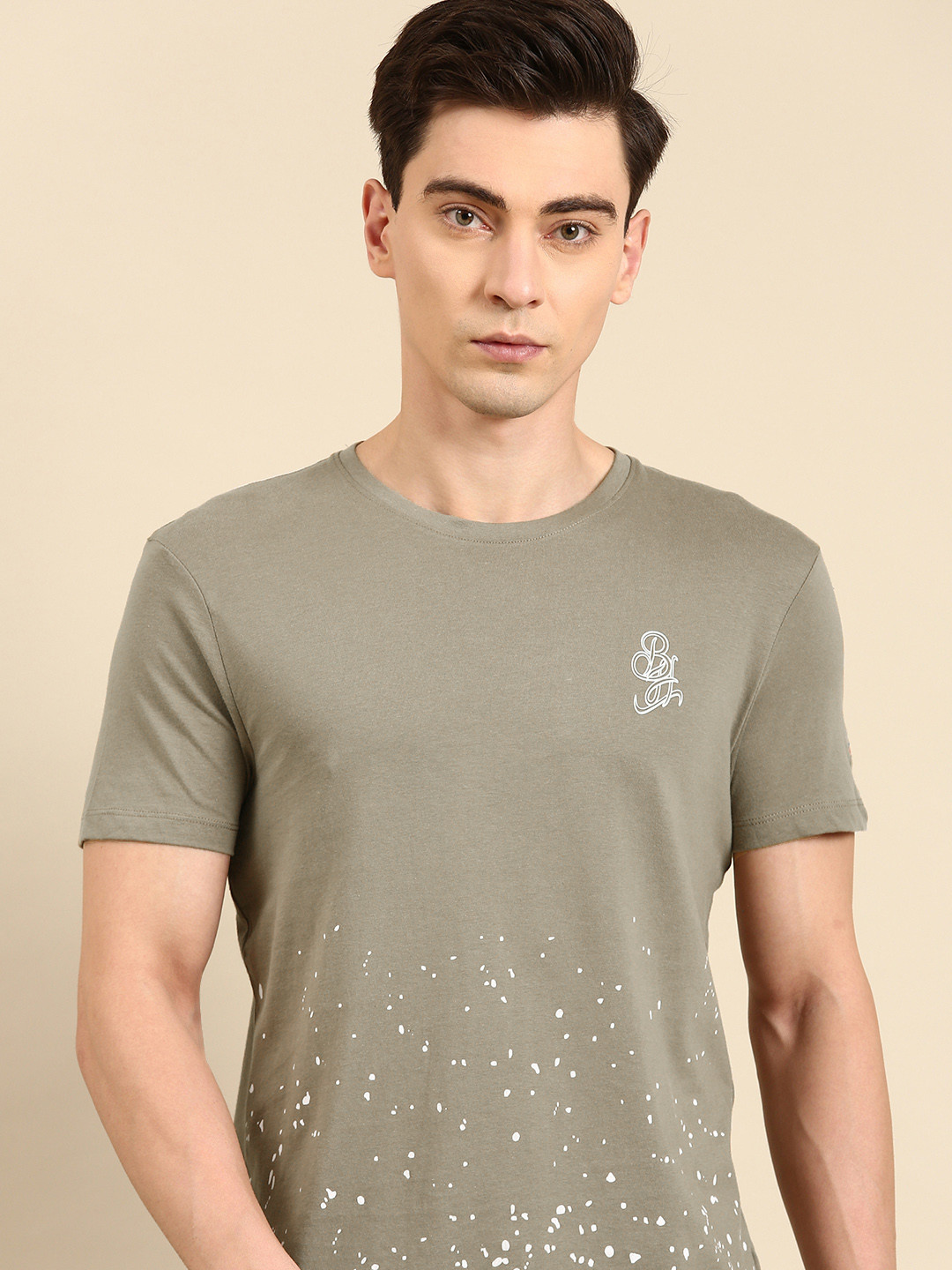 

Being Human Clothing Men Pure Cotton Printed Applique T-shirt, Khaki