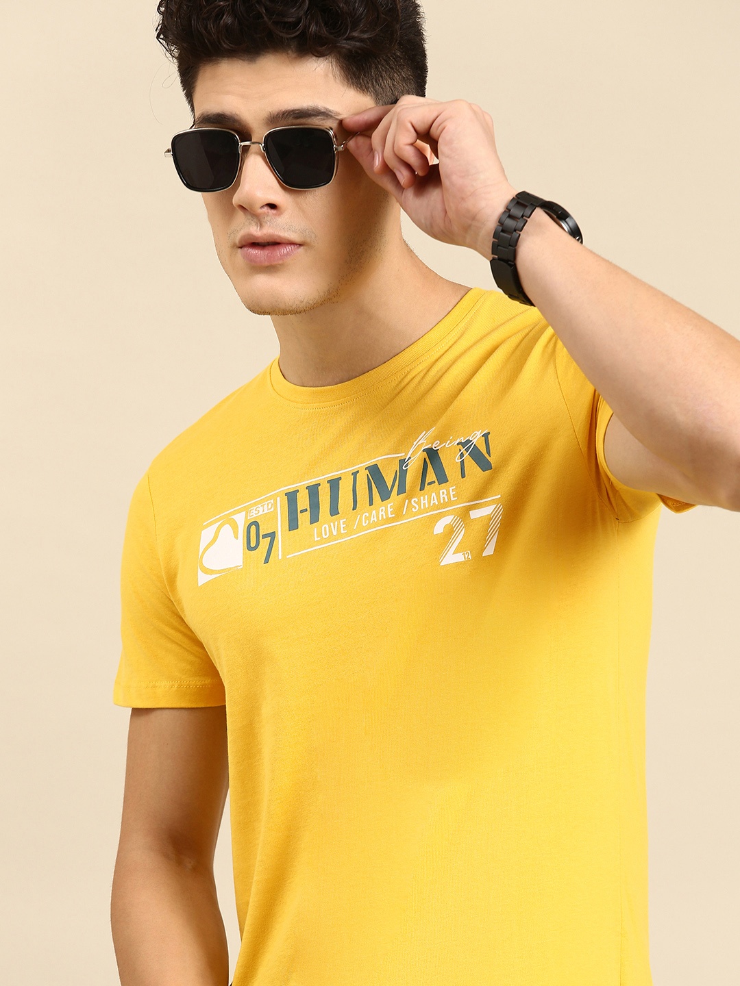 

Being Human Men Brand Logo Printed Pure Cotton T-shirt, Yellow