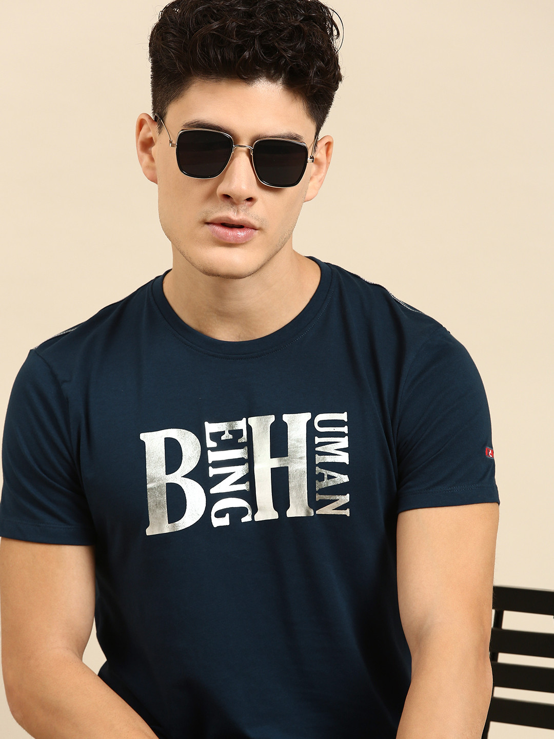 

Being Human Men Brand Logo Printed Pure Cotton T-shirt, Navy blue