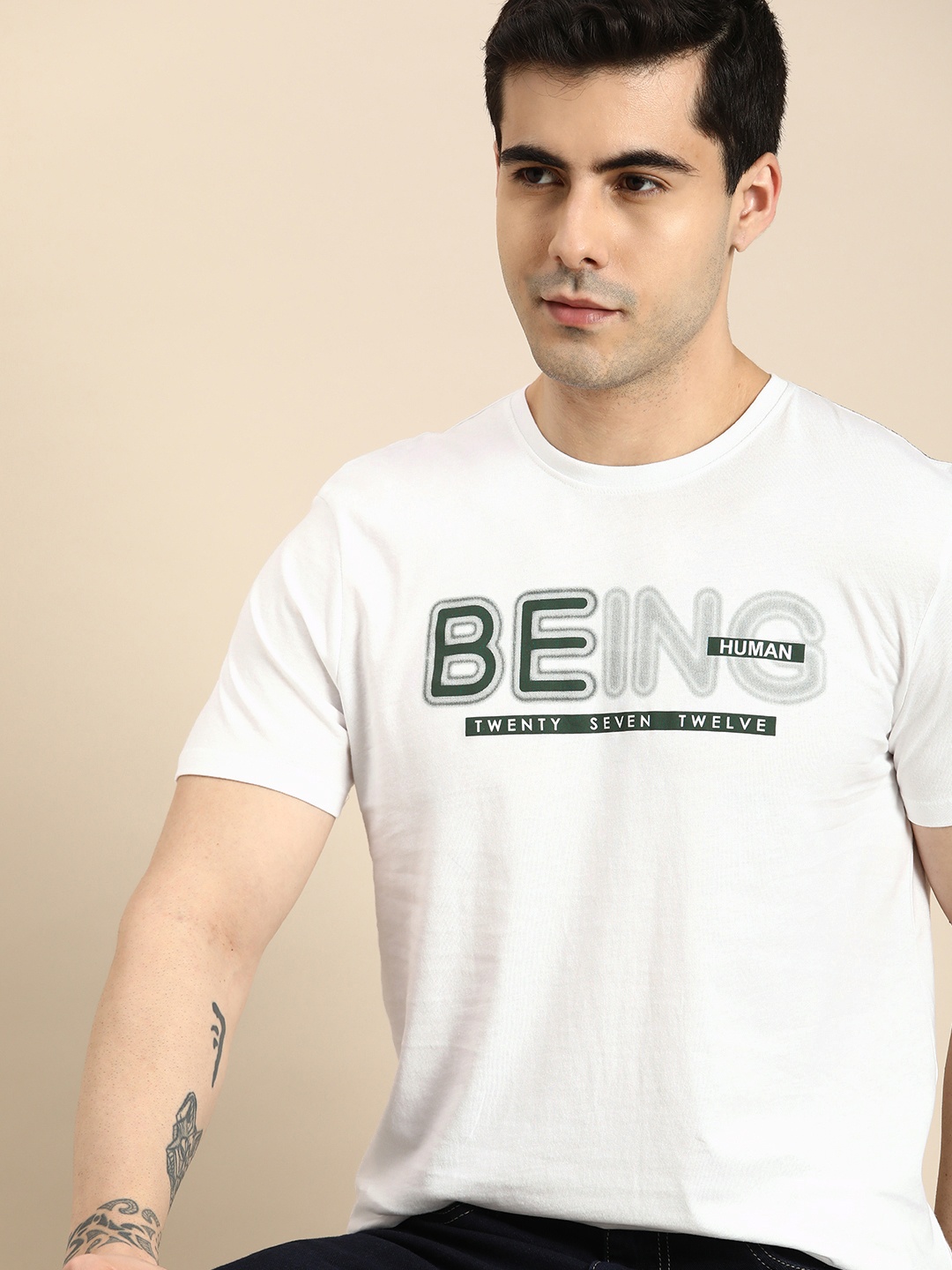 

Being Human Men Brand Logo Printed Pure Cotton T-shirt, White