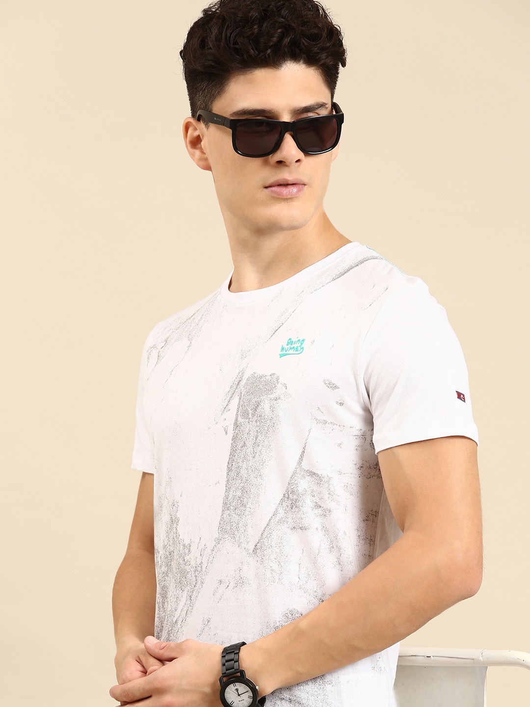 

Being Human Men Abstract Print Round Neck Pure Cotton T-shirt With Brand Logo Print Detail, White