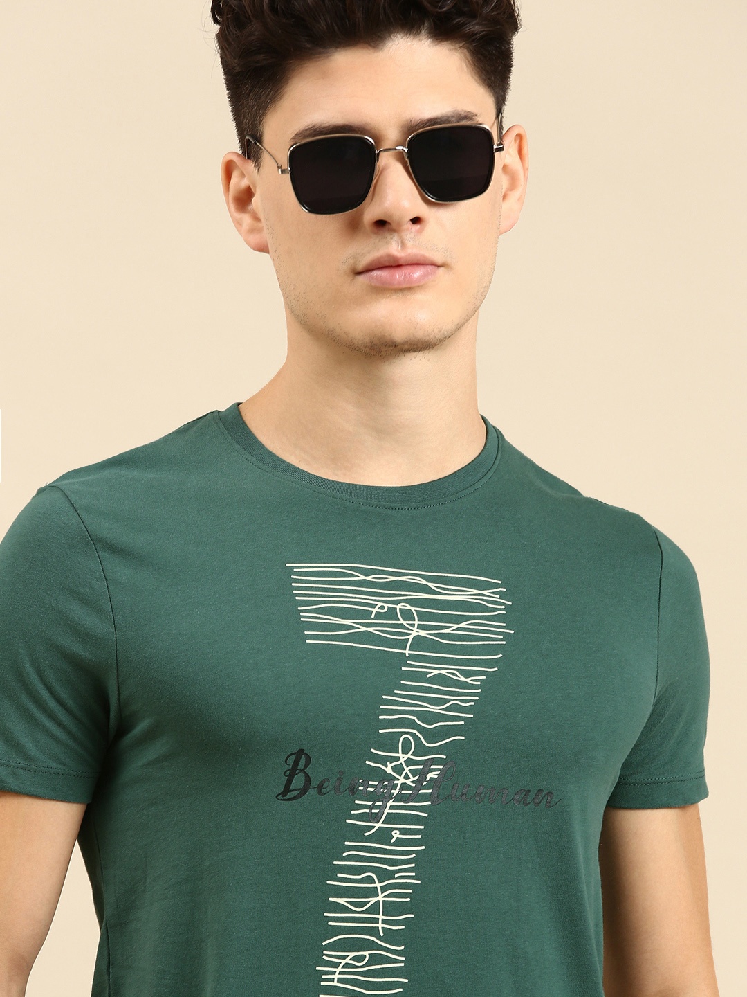 

Being Human Men Brand Logo Printed Pure Cotton Casual T-shirt, Green