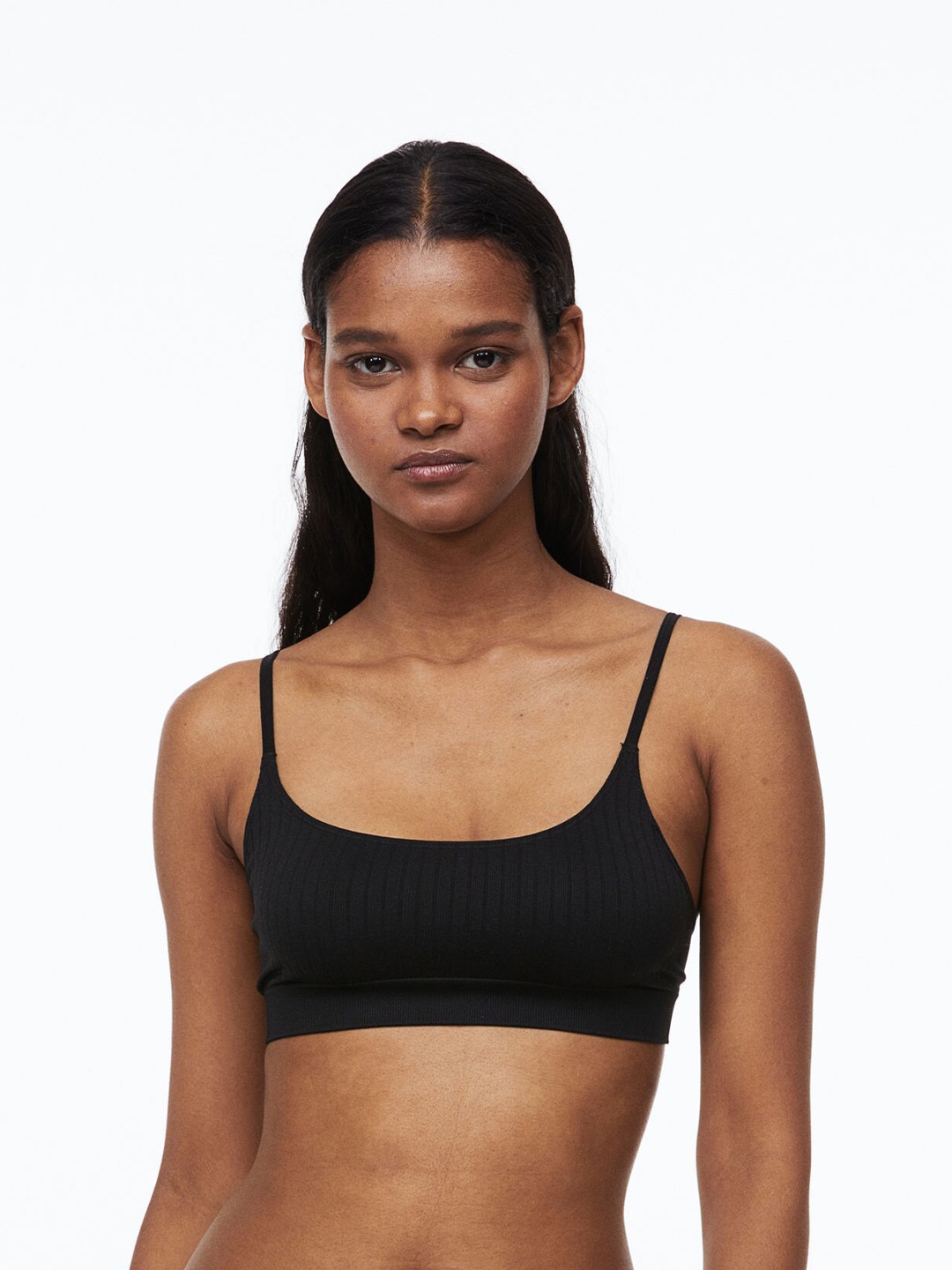 

H&M Women Non-padded ribbed bra top, Black