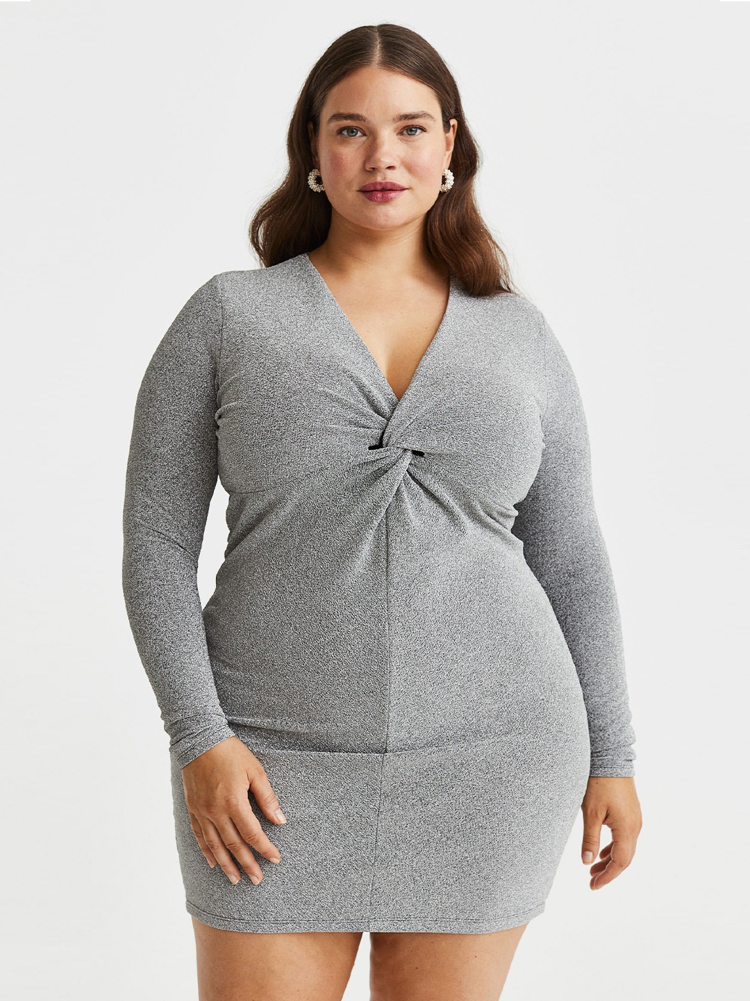 

H&M Woman H&M+ Glittery Knot-Detail Dress, Silver