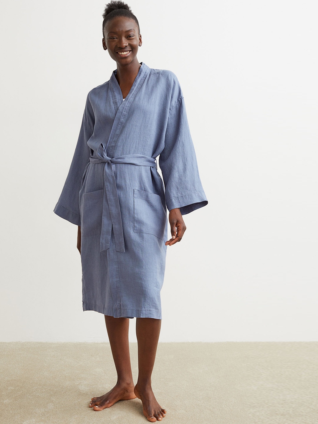 

H&M Women Washed linen dressing gown, Blue