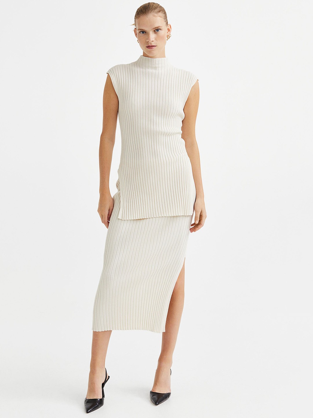 

H&M Women Rib-knit pencil skirt, White