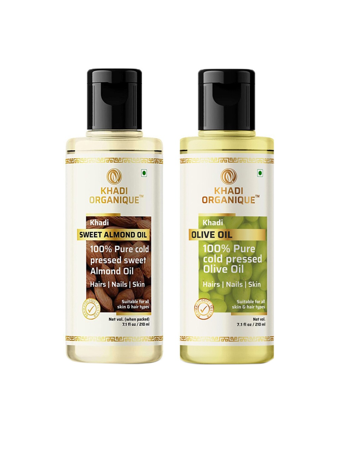 

Khadi Organique Combo of 100% Pure Cold Pressed Sweet Almond & Olive Oil 210 ml Each, White