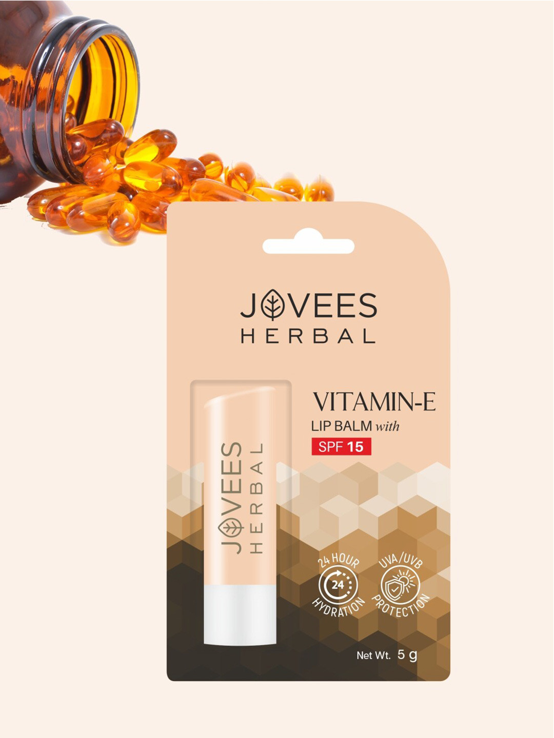 

Jovees Herbal Vitamin E Lip Balm with SPF 15-5 g, Peach
