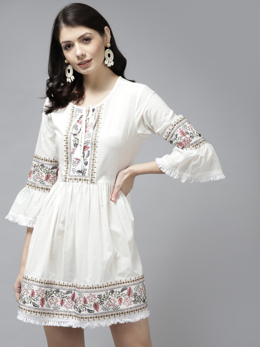 

Yufta Women White & Green Embroidered Cotton A-Line Dress