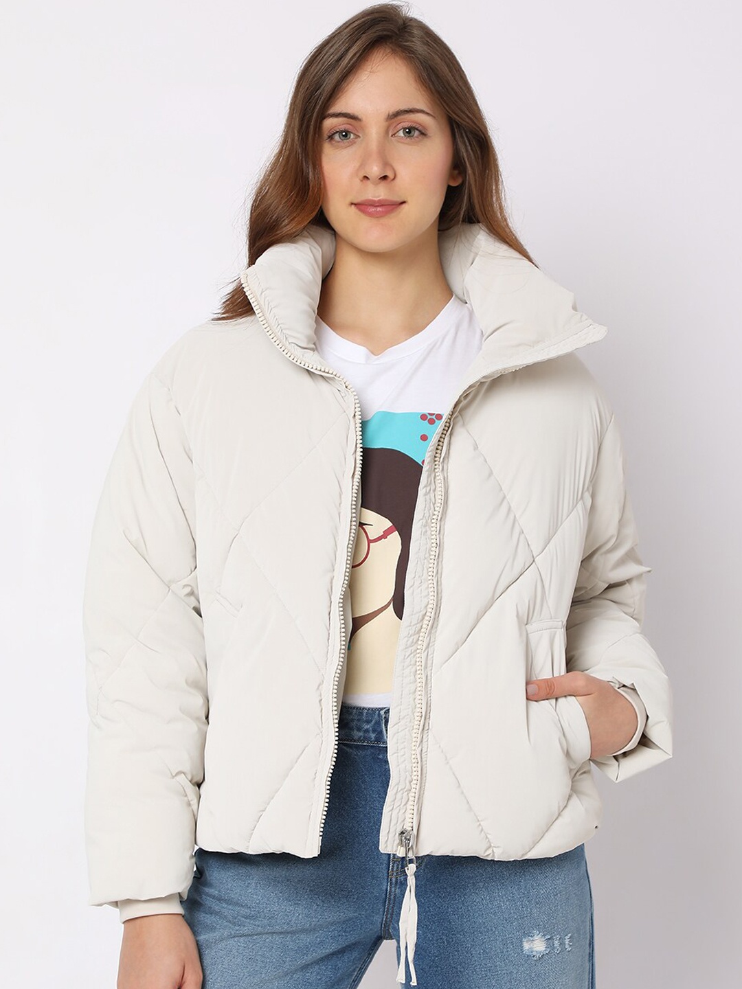 

Vero Moda Women Beige Solid Padded Jacket