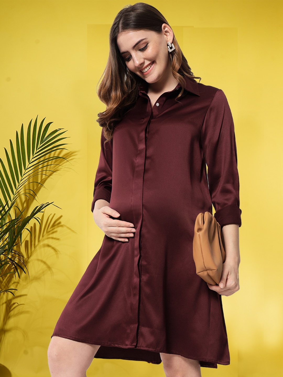 

angloindu Women Burgundy Satin Maternity Shirt Dress