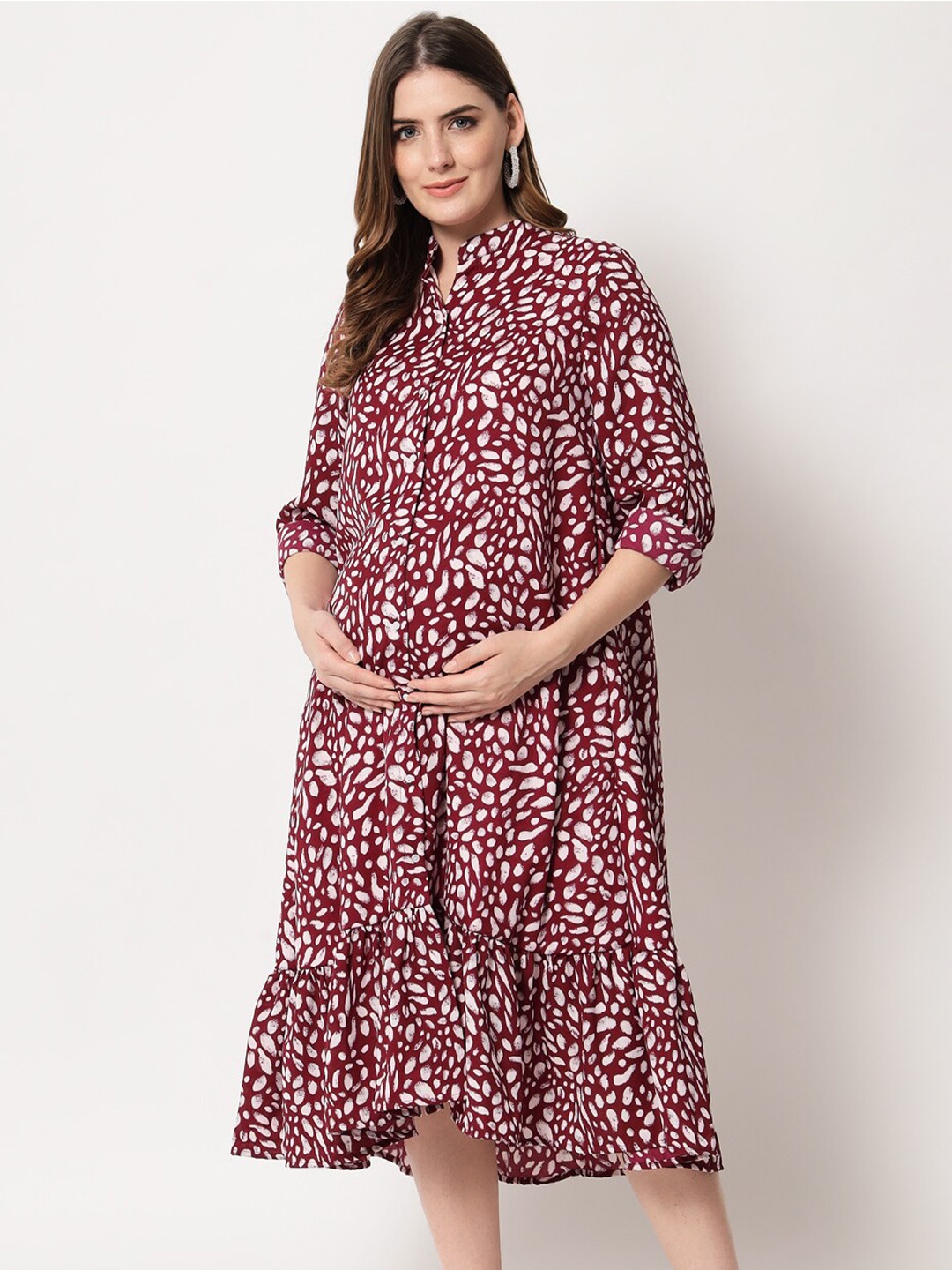 

angloindu Maroon & White Satin Maternity Shirt Midi Dress