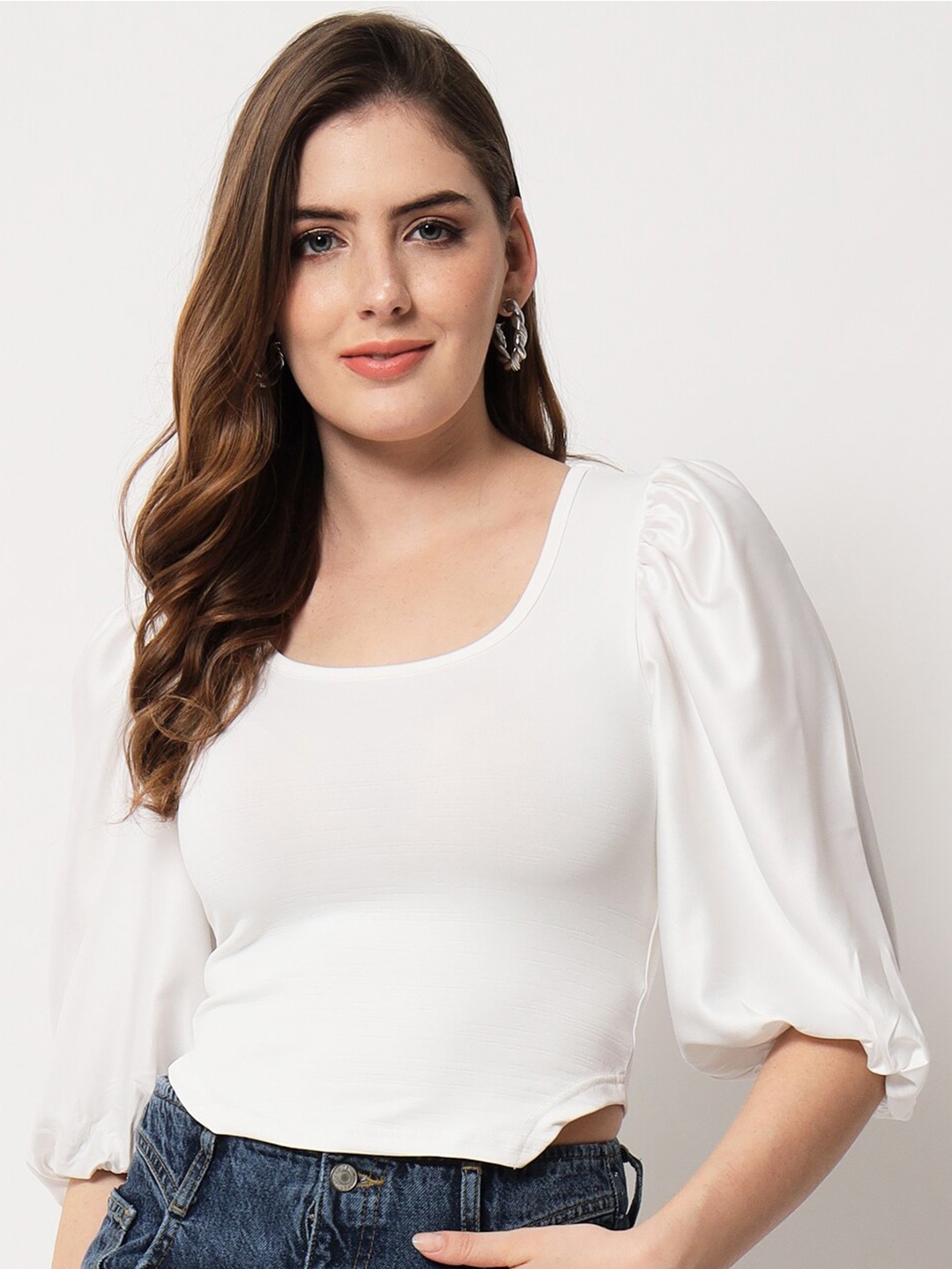 

angloindu White Solid Scoop Neck Puffed Sleeve Crop Top