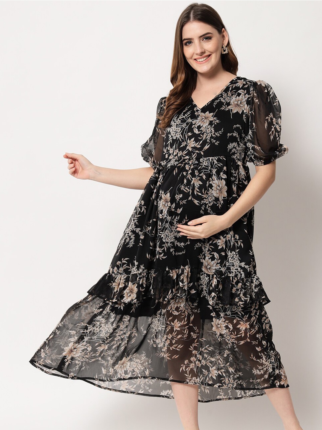

angloindu Black & Beige Floral Layered Chiffon Maternity Midi Dress
