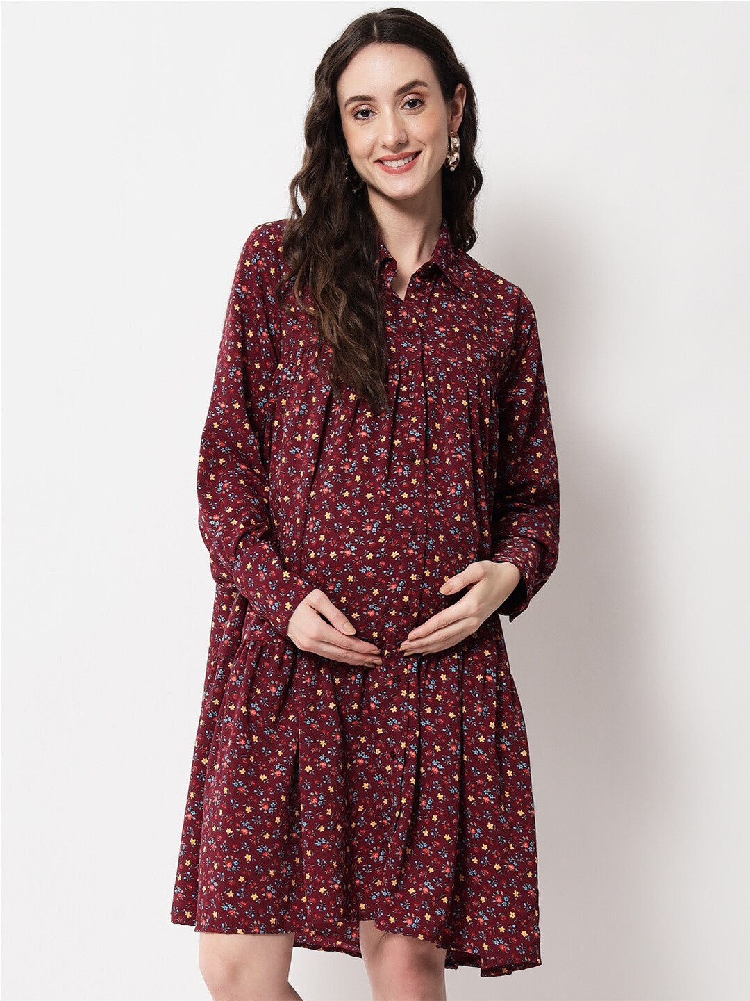 

angloindu Burgundy Floral Crepe Maternity Shirt Dress