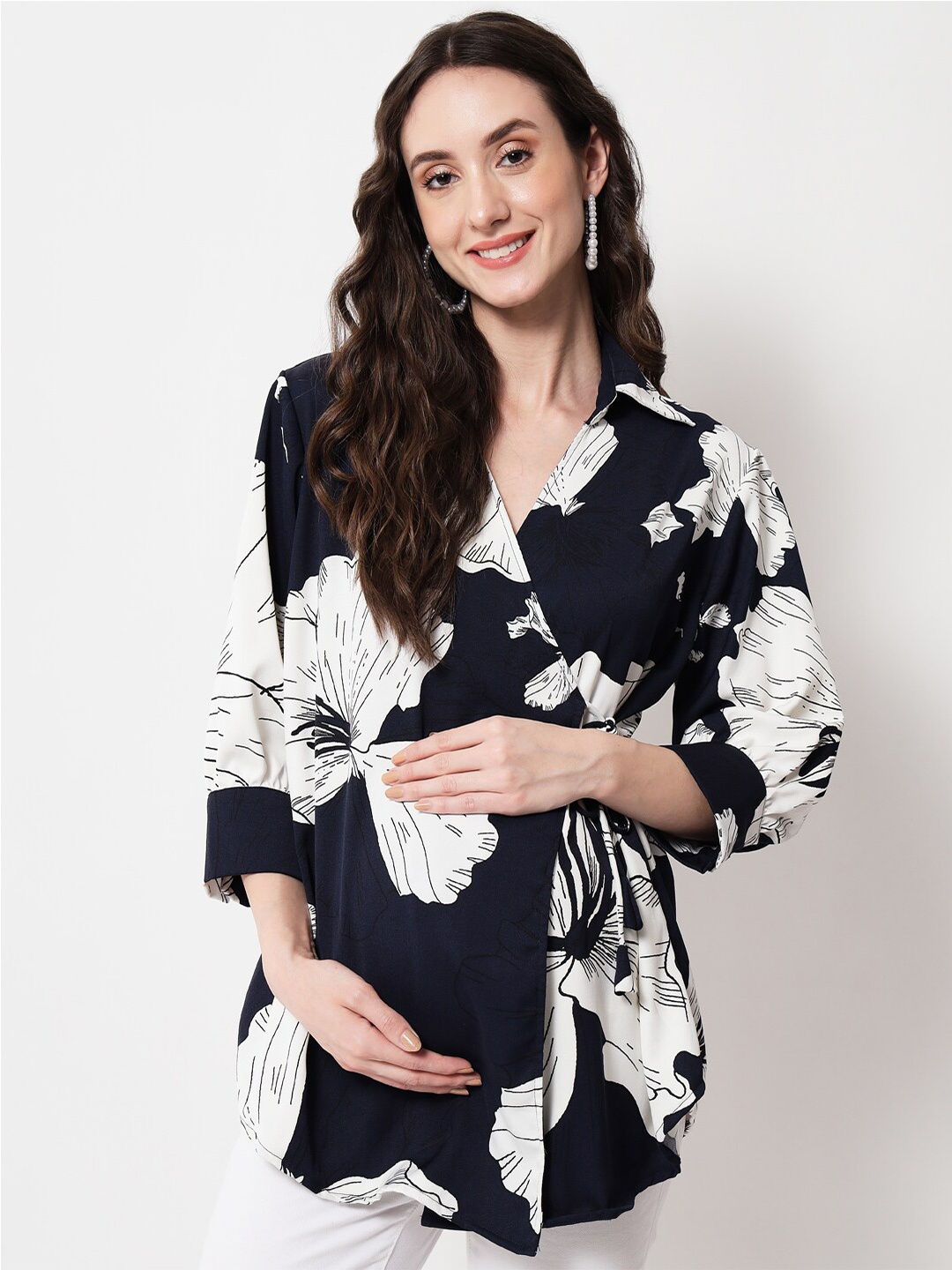 

angloindu Women Navy Blue Floral Print Crepe Maternity Wrap Longline Top