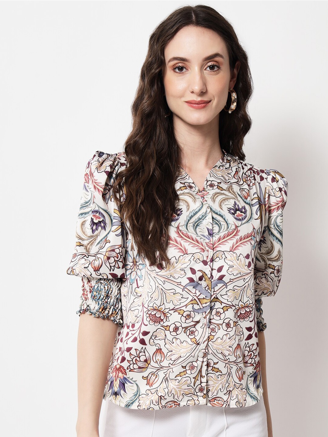 

angloindu Women Beige Floral Print Top