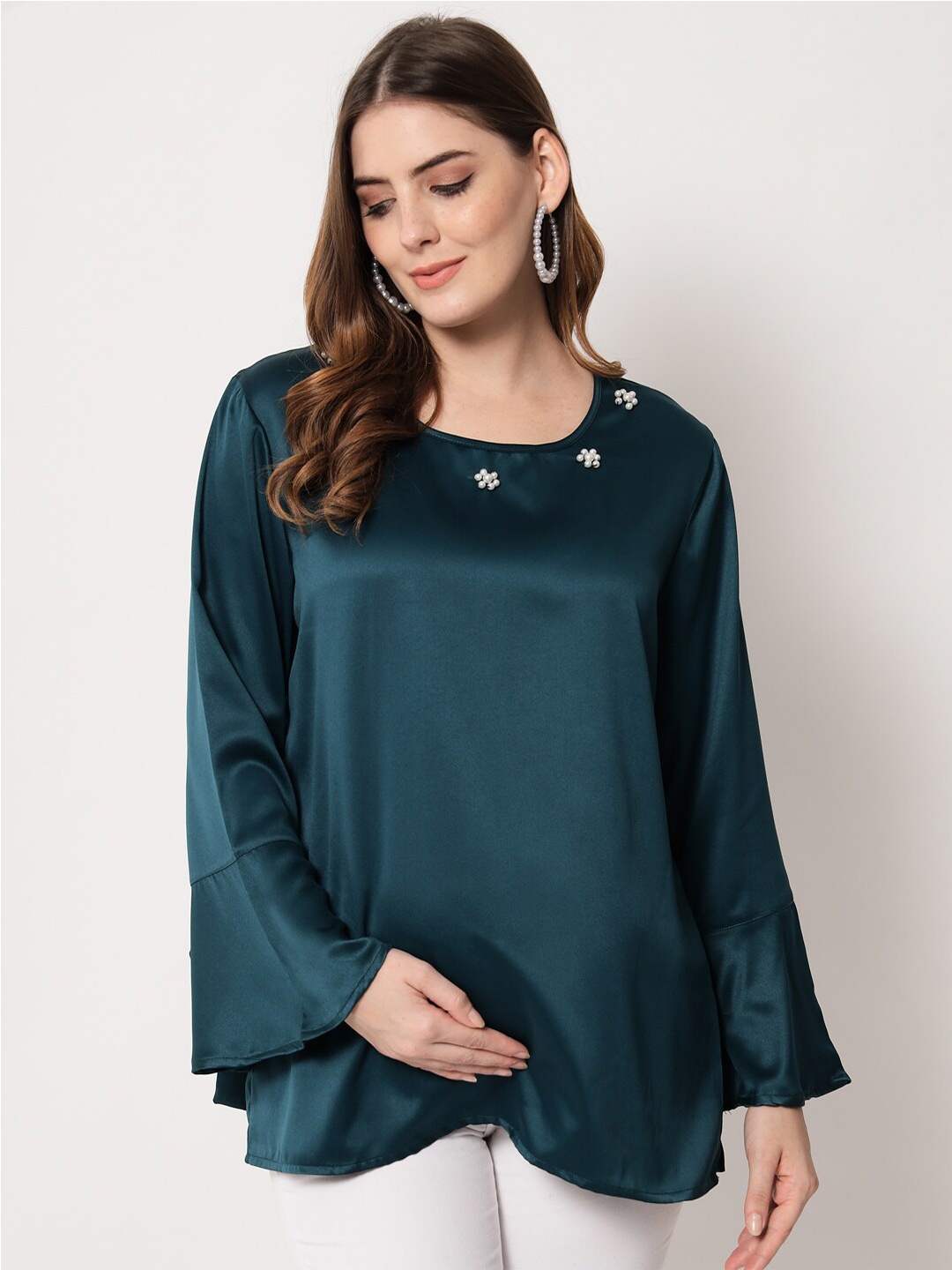 

angloindu Women Green Solid Studded Maternity Top