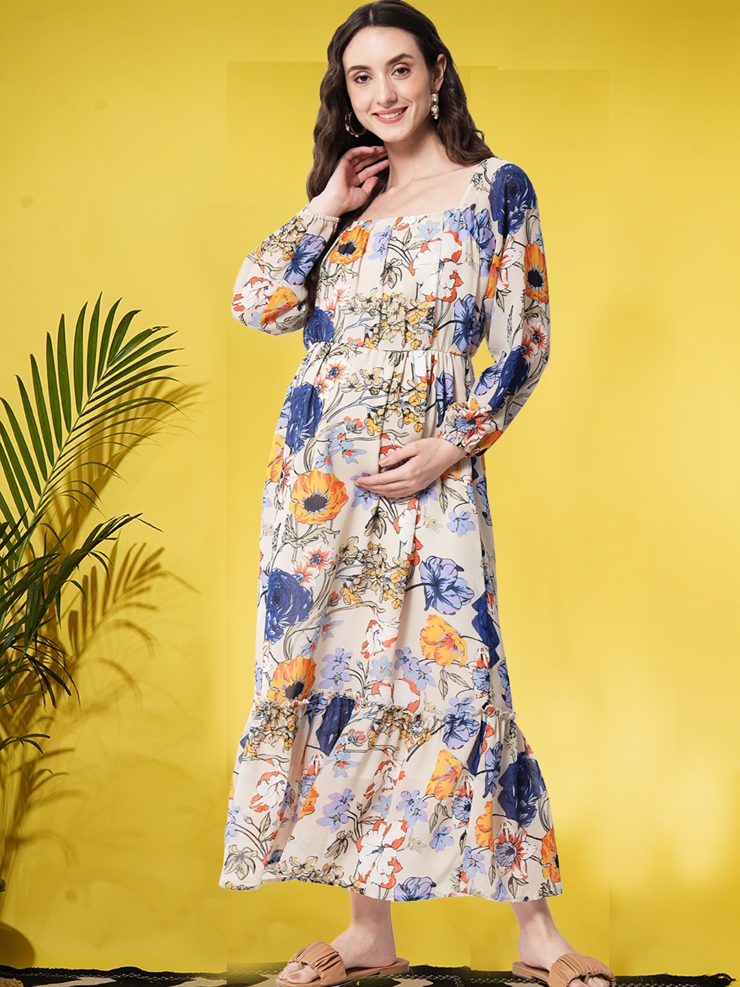 

angloindu Beige & Orange Floral Georgette Maternity A-Line Maxi Dress