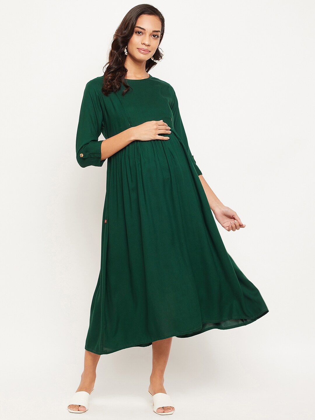 

NABIA Round Neck Maternity Midi Empire Dress, Green
