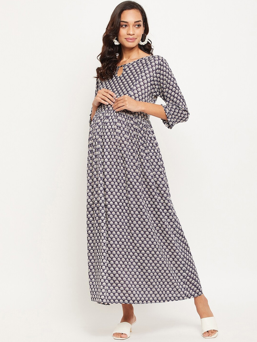 

NABIA Maternity Women Blue & Grey Floral Maxi Dress
