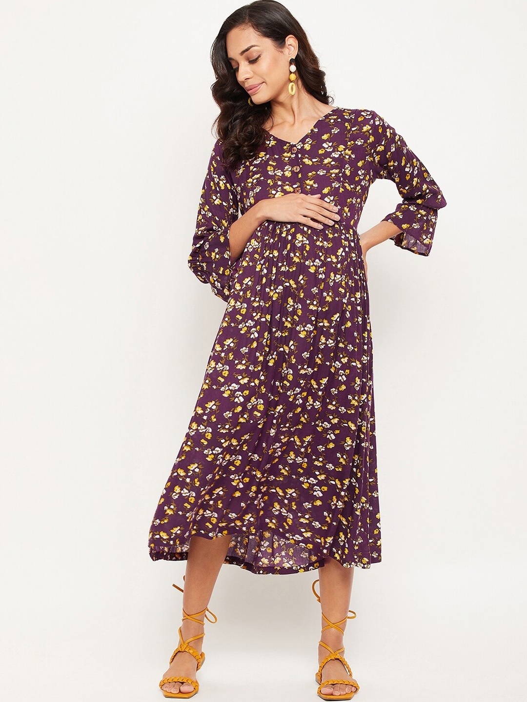 

NABIA Maternity Purple & Yellow Floral Midi Dress