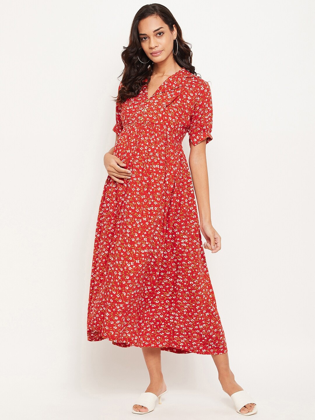 

NABIA Red & Beige Floral Maternity Midi A-Line Dress