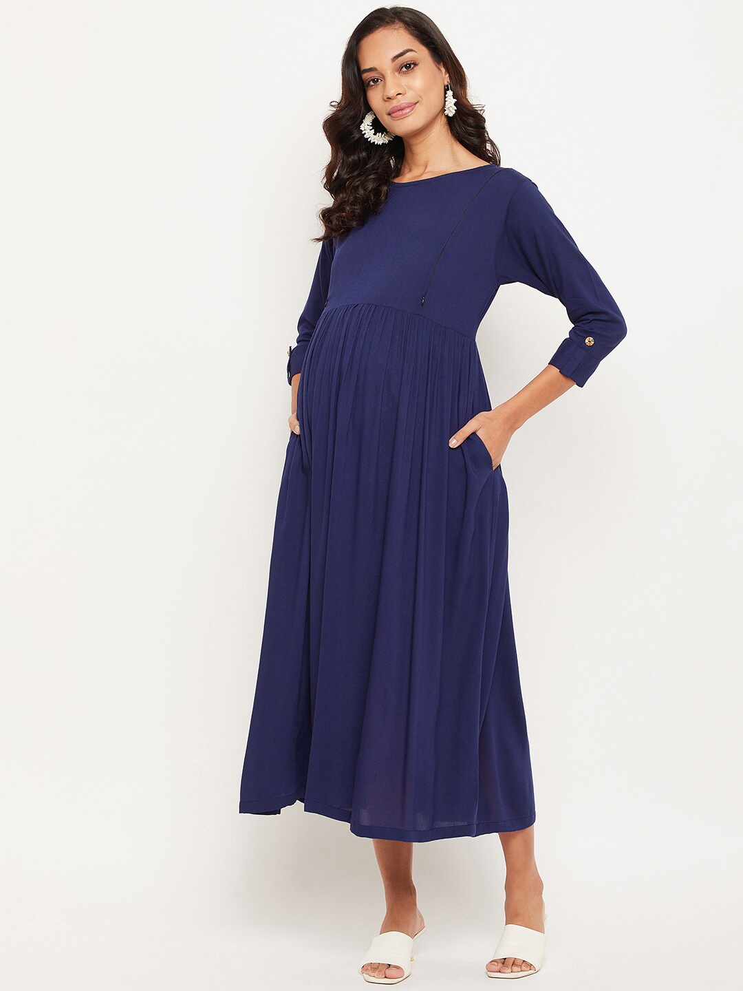 

NABIA Round Neck Maternity Midi Empire Dress, Blue