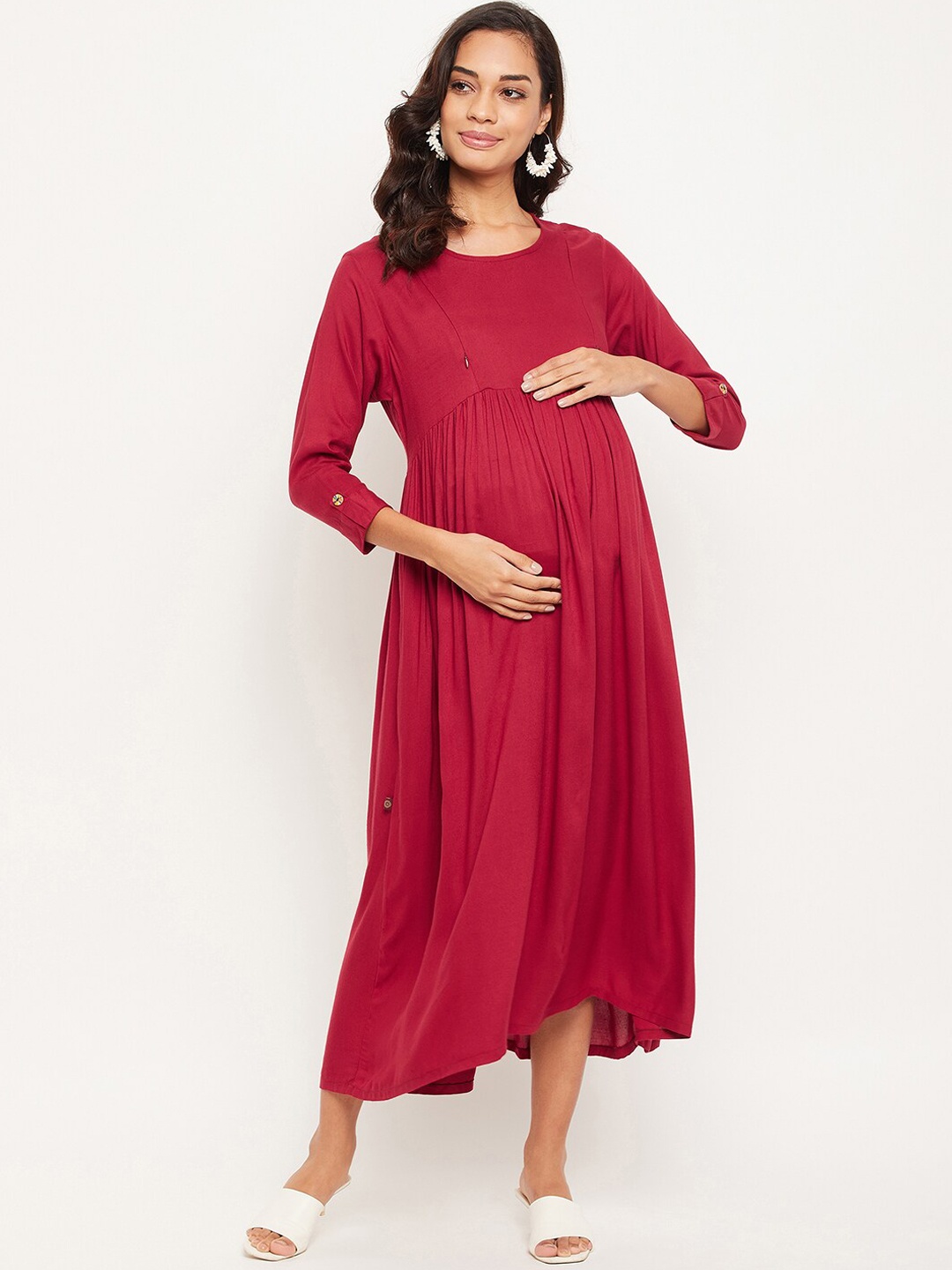 

NABIA Round Neck Maternity Midi Empire Dress, Maroon