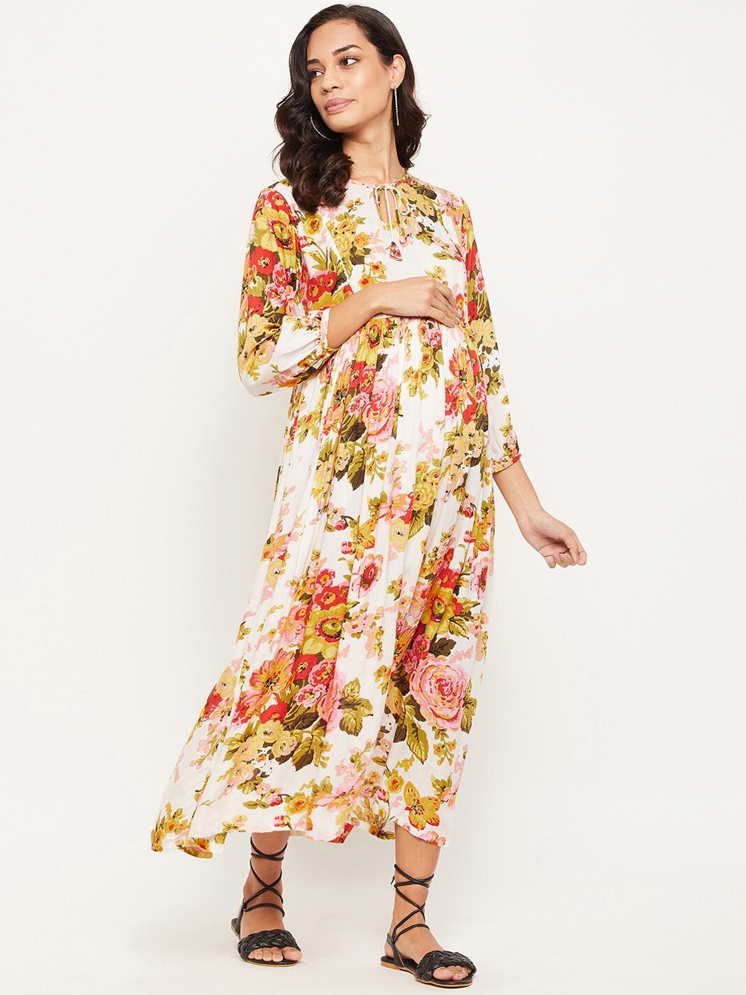 

NABIA Maternity White & Red Floral Maxi Dress