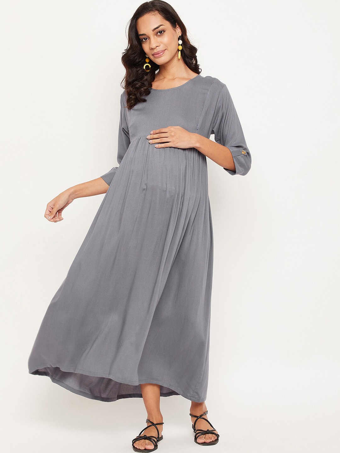 

NABIA Round Neck Gathered Detail Maternity Maxi Dress, Grey
