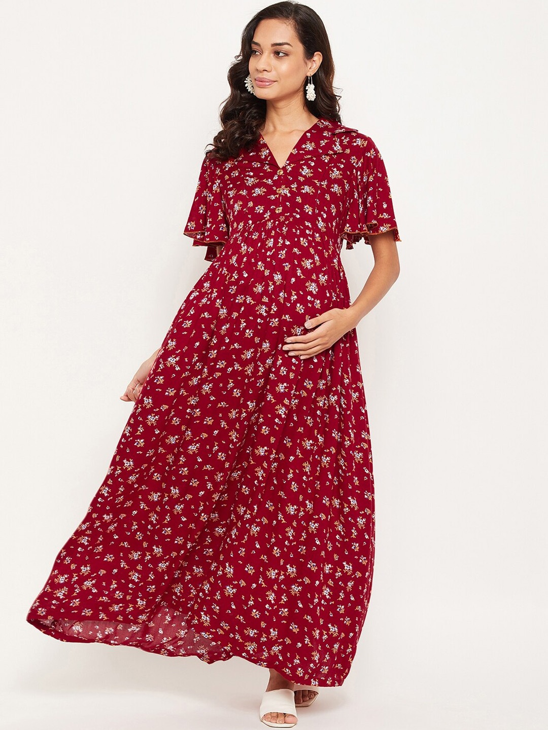 

NABIA Maroon & White Floral Maternity Maxi Dress