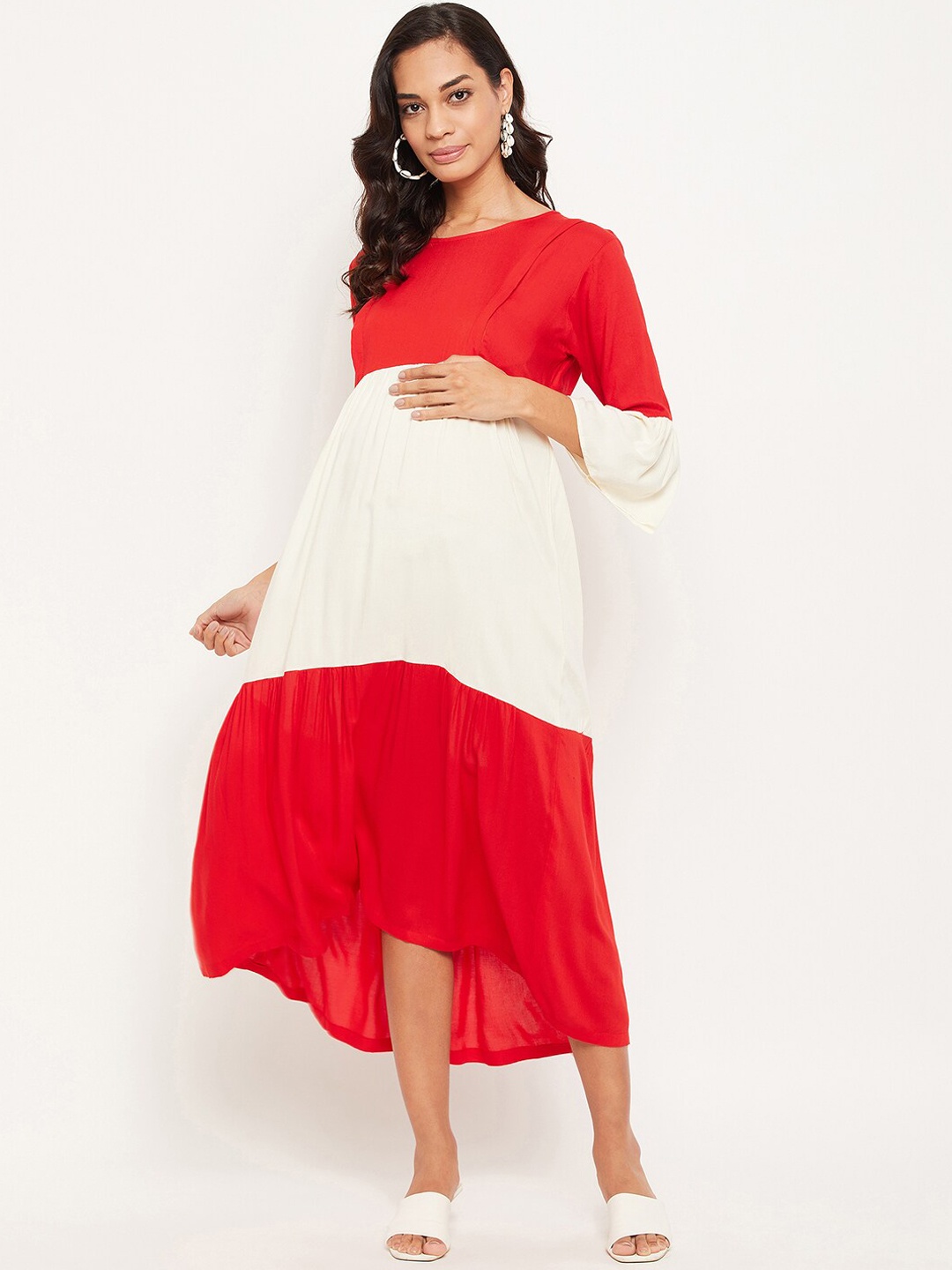 

NABIA Women Red & White Colourblocked Maternity Midi Dress
