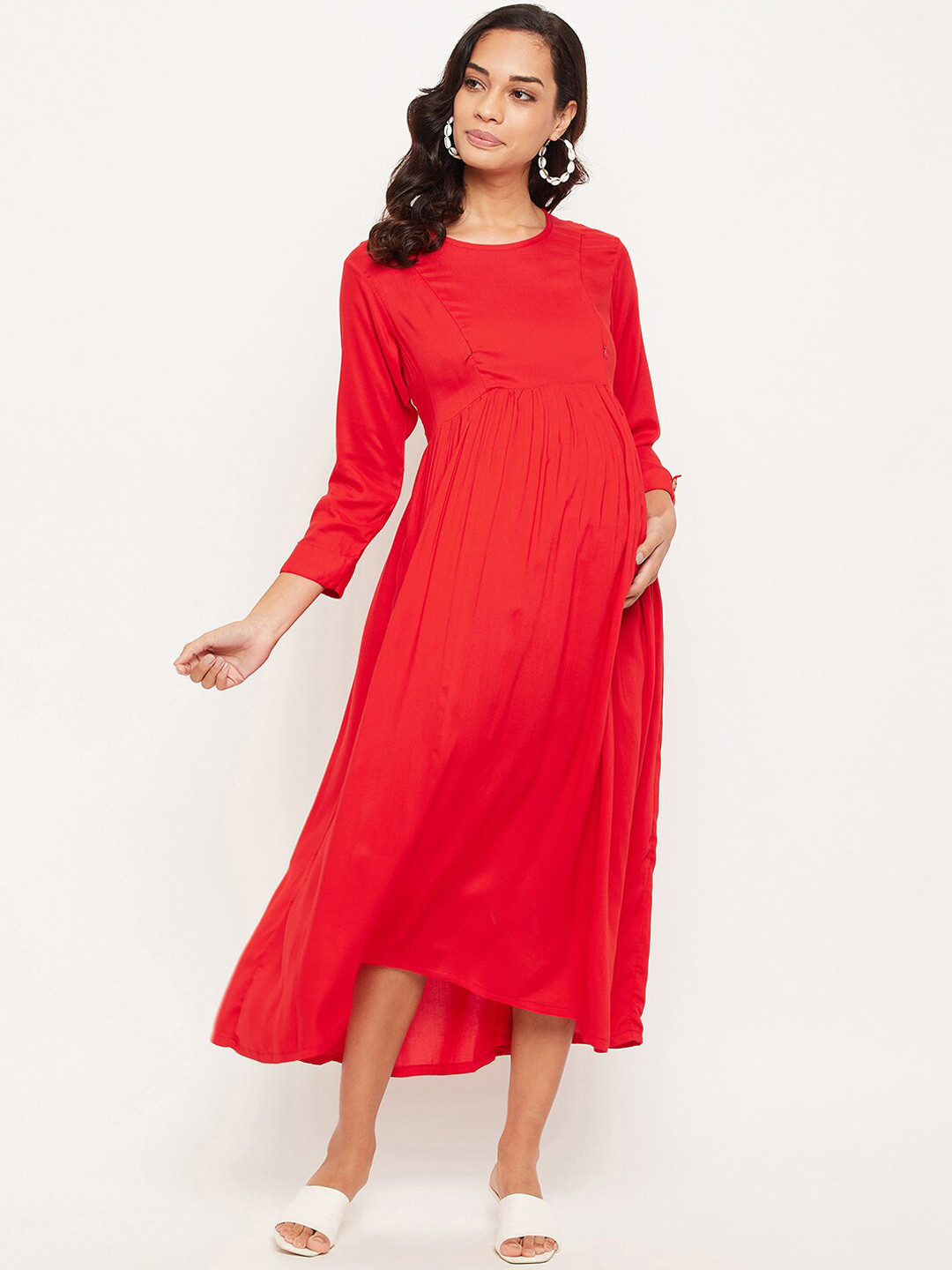 

NABIA Round Neck Gathered Detail Maternity Midi Dress, Red