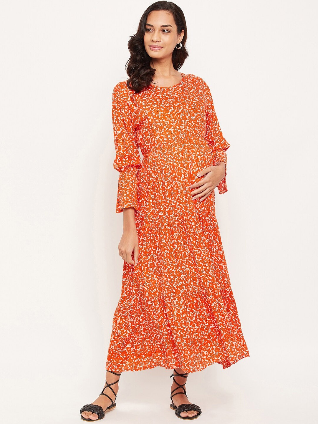 

NABIA Orange Floral Maternity Maxi Dress