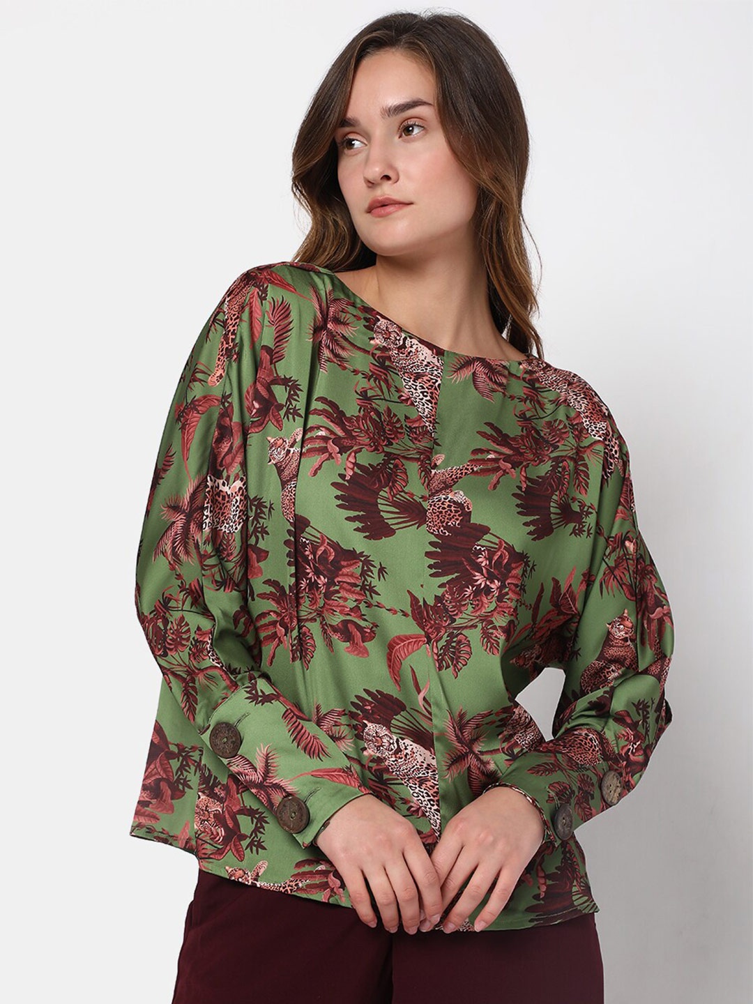 

Vero Moda Women Green & Maroon Animal Print Top