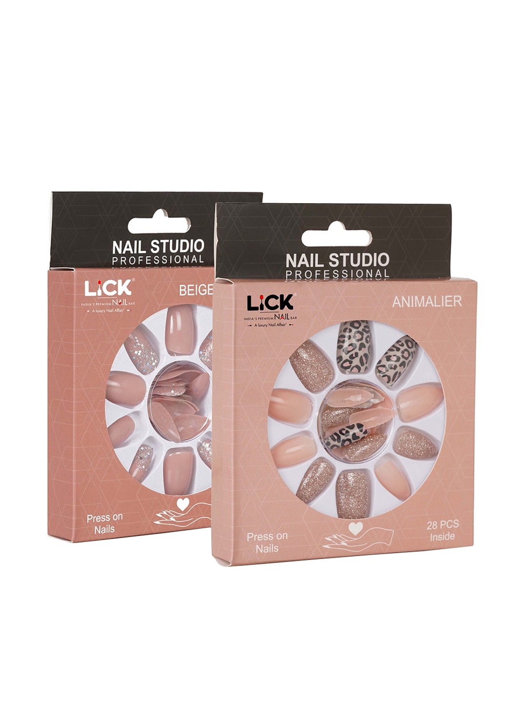

LICK Set Of 2 Reusable Artificial False Acrylic Press on Nails With Quick Dry Nail Glue, Beige