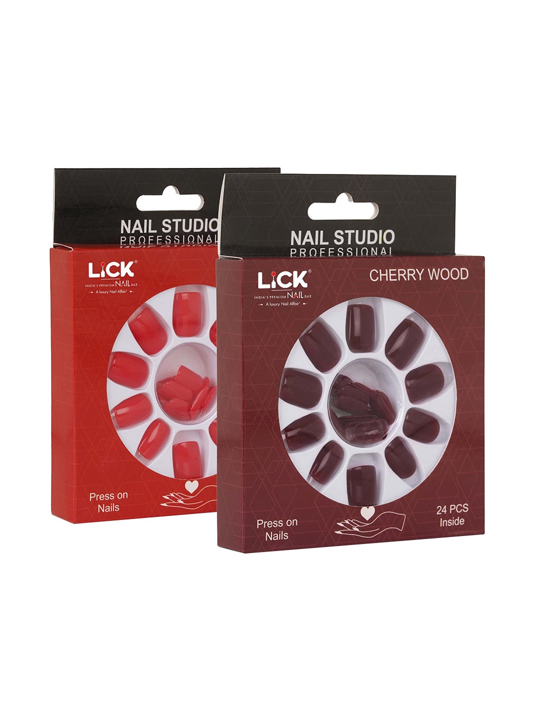 

LICK Set Of 2 False Fake Reusable Acrylic Press on Nails With Quick Dry Nail Glue - Cherry Wood, True Red, Brown